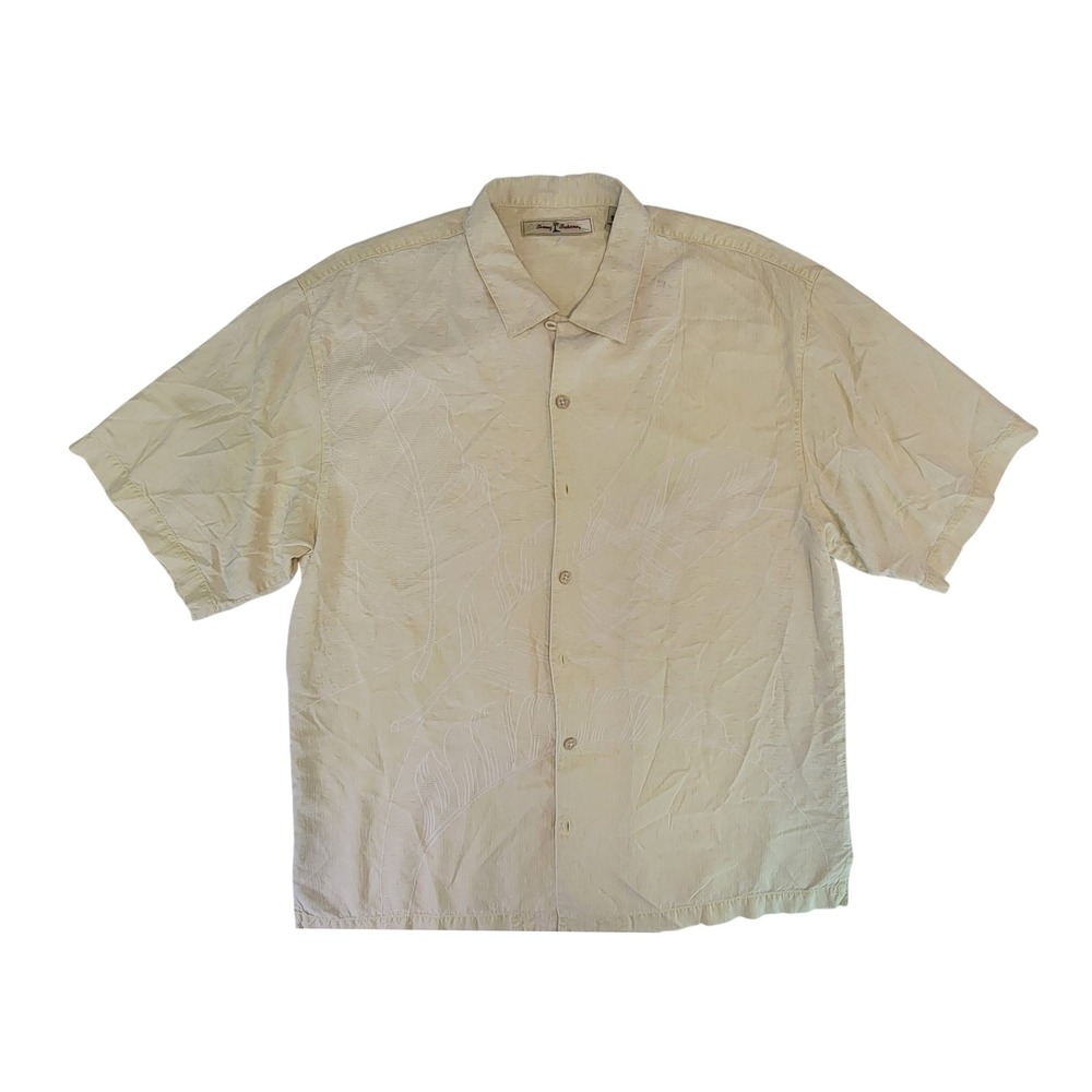 Tommy Bahama Silk Short Sleeve Button Up Shirt Mens Tropical Leaf Print Cream L